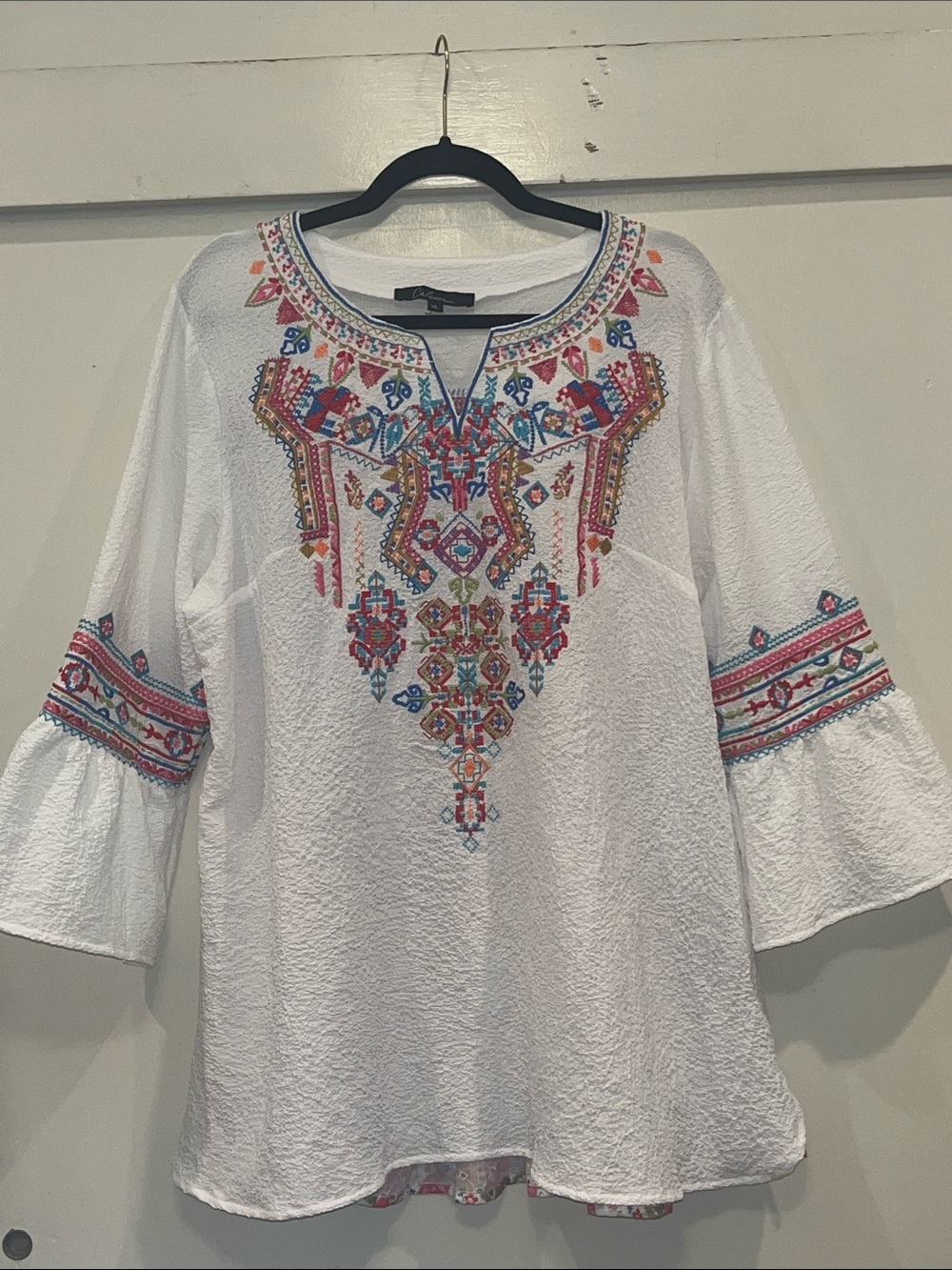Calessa Embroidered White Boho Tunic with Multicolor Detail